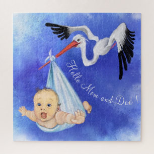 Stork Carrying Baby - Cartoon Drawing - Customize Jigsaw Puzzle