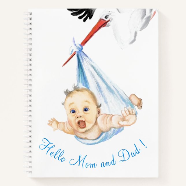 Stork Carrying Baby - Cartoon Drawing Sweet Funny  Notebook (Front)
