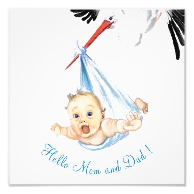 Stork Carrying Baby - Cartoon Drawing Sweet Funny  Photo Print (Front)