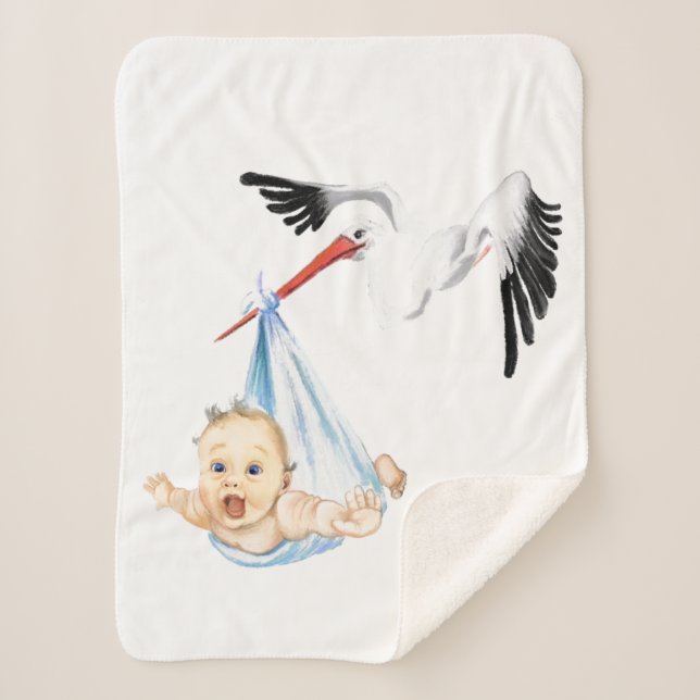 Stork Carrying Baby - Cartoon Drawing Sweet Funny  Sherpa Blanket (Front)