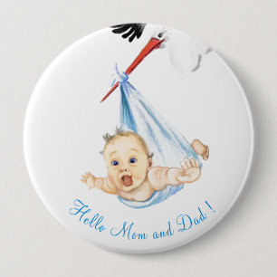 Stork Carrying Baby Funny Button - Custom Text