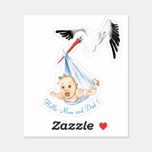 Stork Carrying Baby Funny Sticker Cartoon Painting