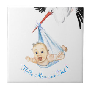 Stork Carrying Baby Funny Tile with Custom Text