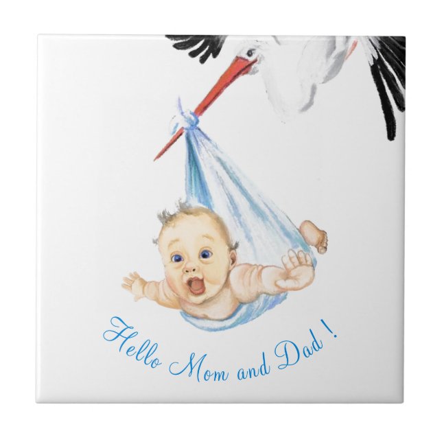 Stork Carrying Baby Funny Tile with Custom Text (Front)