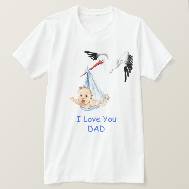 Stork Carrying Baby Fynny Dad To Be T-Shirt Gift (Design Front)