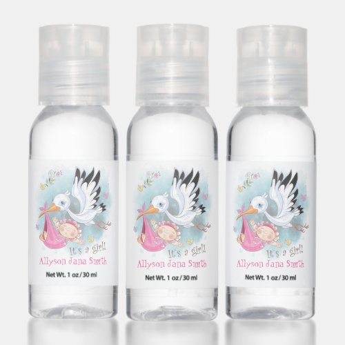 Stork Carrying Baby Girl Baby Shower Favors Hand Sanitizer