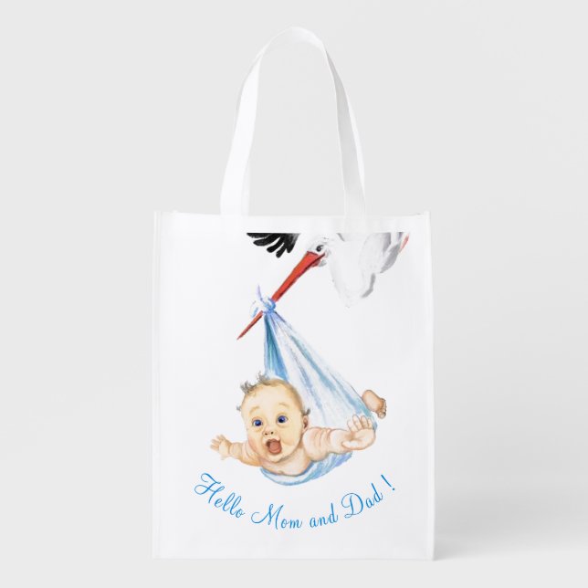Stork Carrying Baby Grocery Bag - Custom Text (Front)