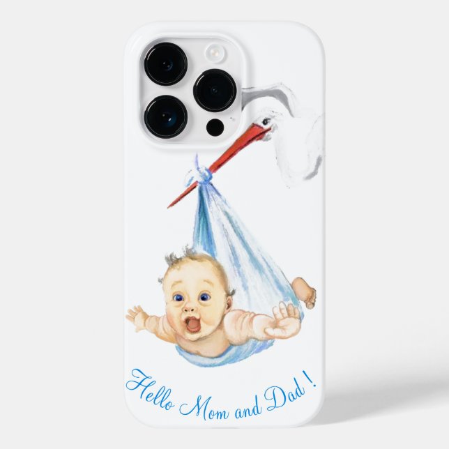Stork Carrying Baby iPhone Case Hello Mom and Dad (Back)