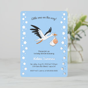 Stork Carrying Baby Selfie Baby Shower Blue Foil Invitation
