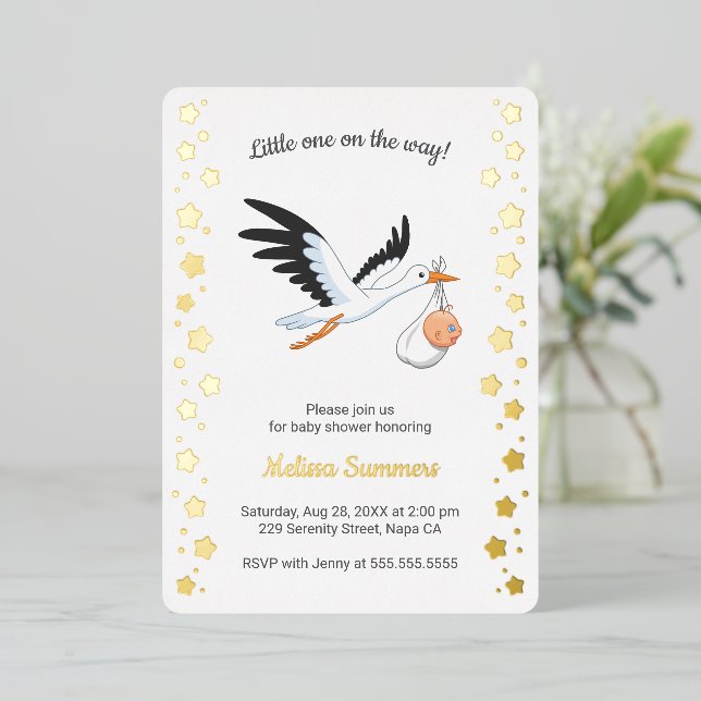 Stork Carrying Baby Selfie Baby Shower Foil Invitation (Standing Front)