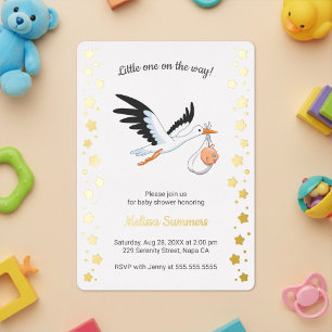 Stork Carrying Baby Selfie Baby Shower Foil Invitation