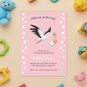 Stork Carrying Baby Selfie Baby Shower Pink Foil Invitation