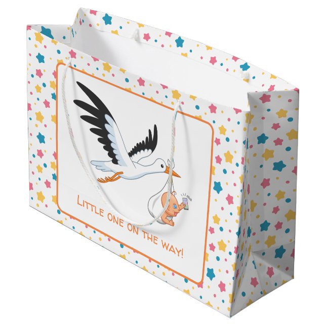 Stork Carrying Baby Selfie Baby Shower Stars Large Gift Bag (Back Angled)