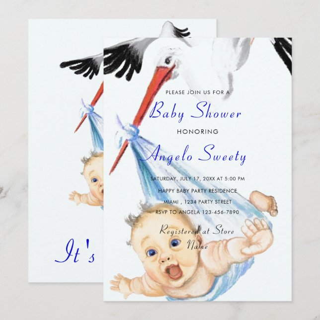 Stork Carrying Baby Shower Invitation Example (Front/Back)