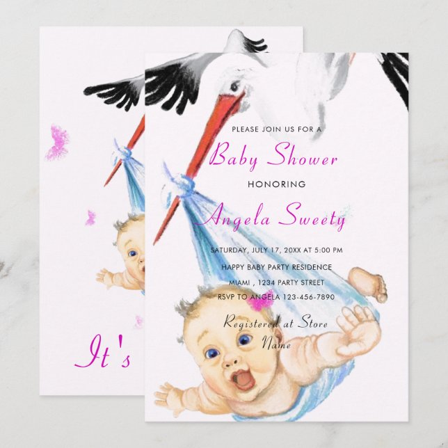 Stork Carrying Baby Shower Invitation Template (Front/Back)