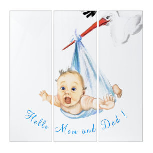 Stork Carrying Baby Triptych - Custom Text