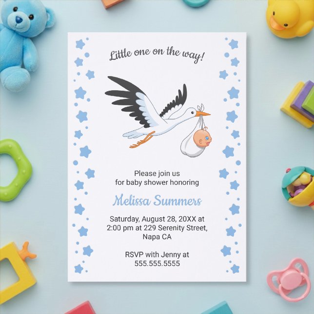 Stork Carrying Boy Baby Shower Invitation (Creator Uploaded)