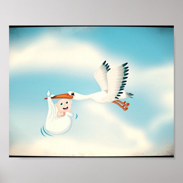Stork carrying new born Baby Poster (Front)