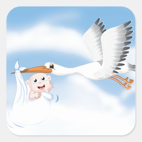 Stork carrying new born baby square sticker