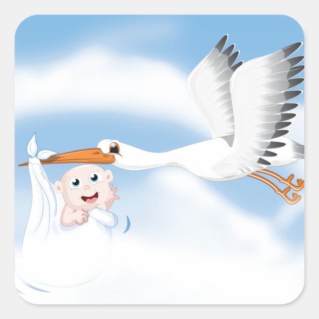 Stork carrying new born baby square sticker (Front)
