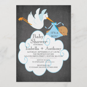 Stork Chalkboard African American Boy Baby Shower Invitation