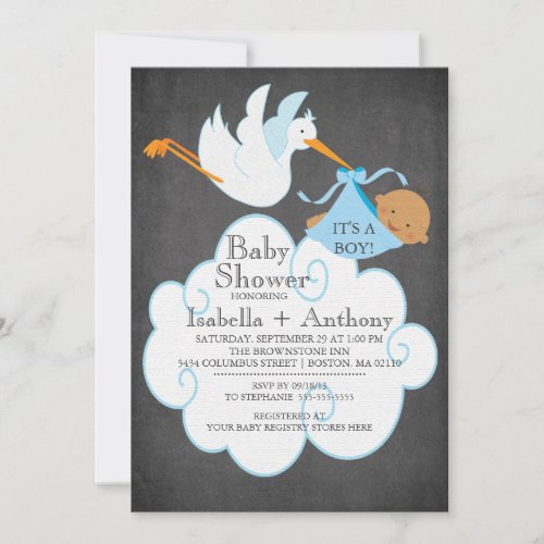 Stork Chalkboard African American Boy Baby Shower Custom Invitations