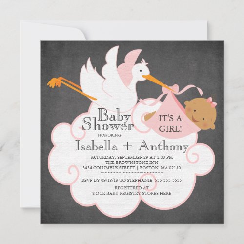 Stork Chalkboard African American Girl Baby Shower Invitation