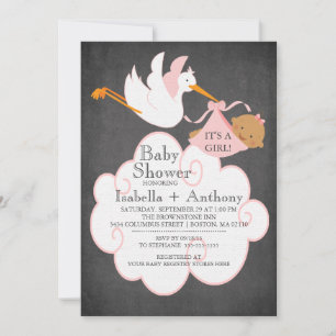 Stork Chalkboard African American GIRL Baby Shower Invitation