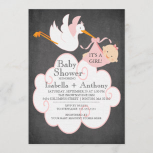 Stork Chalkboard GIRL Baby Shower Invitatation Invitation