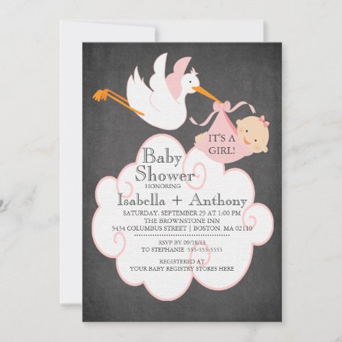 Stork Chalkboard GIRL Baby Shower Invitatation Personalized Invitations