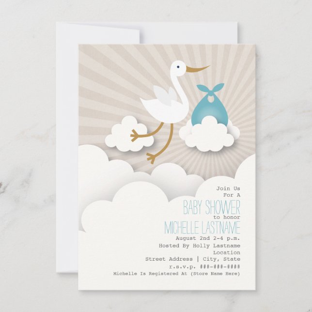 Stork + Clouds Baby Shower - Blue Invitation (Front)