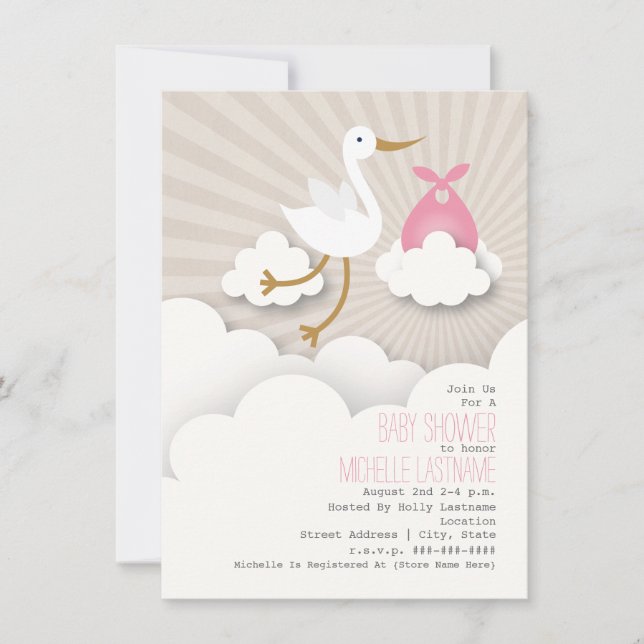 Stork + Clouds Baby Shower - Pink Invitation (Front)