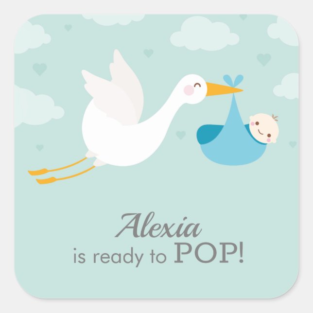 Stork Clouds Blue Boy Bundle Baby Shower Square Sticker (Front)
