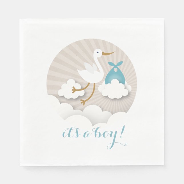 Stork + Clouds Boy Baby Shower Napkins (Front)