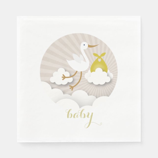 Stork + Clouds Neutral Baby Shower Napkins (Front)