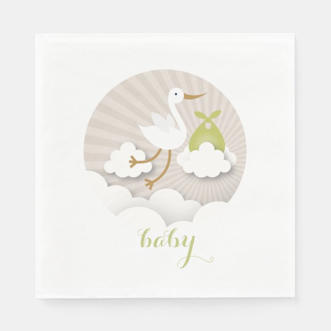 Stork + Clouds Neutral Green Baby Shower Napkins (Front)