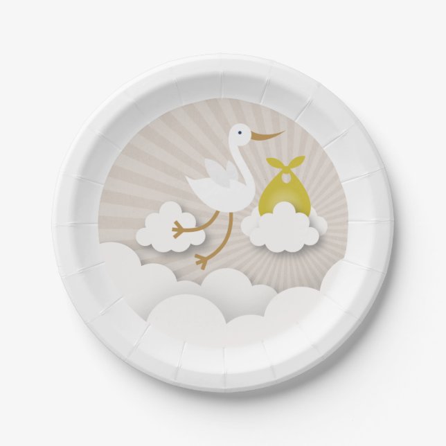 Stork + Clouds With Yellow Bundle Boy Baby Shower Paper Plates (Front)