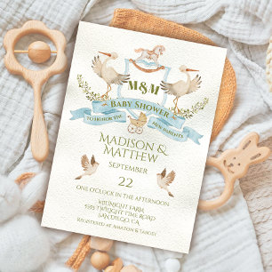 Stork Crest Watercolor Baby Boy Shower Invitation