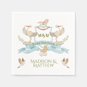 Stork Crest Watercolor Baby Boy Shower Napkins