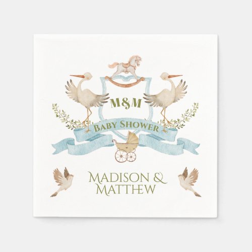 Stork Crest Watercolor Baby Boy Shower Napkins