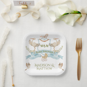 Stork Crest Watercolor Baby Boy Shower Paper Plates