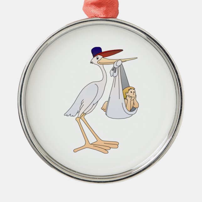Stork Delivering a Baby Metal Ornament (Front)