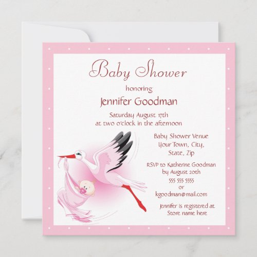 Stork Delivering Baby Pink Baby Shower Invitations