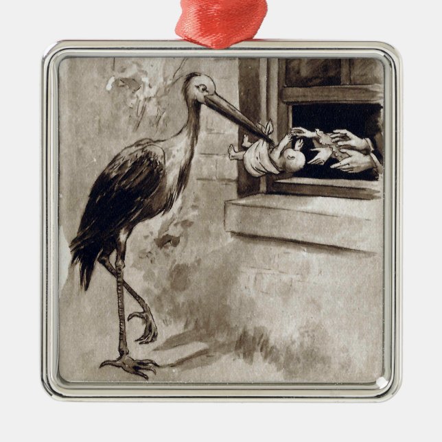 Stork Delivering Baby Vintage Metal Ornament (Front)