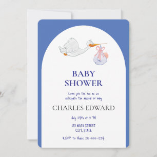 Stork Delivering Little Boy Baby Shower Blue Invitation