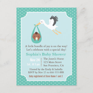 Stork Delivers African American Baby Boy Shower Invitation