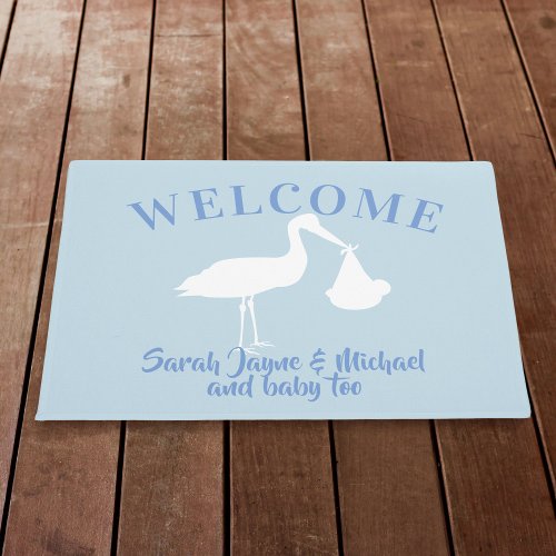 Stork Delivery Baby Blue Welcome Family Doormat