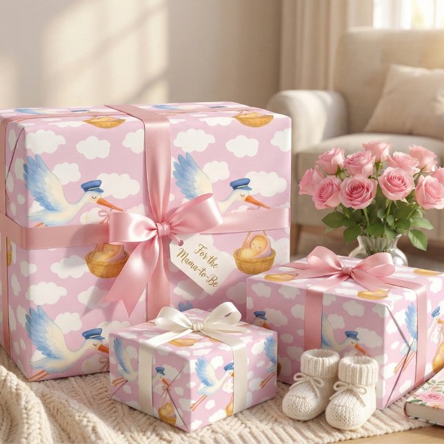 Stork Delivery Baby Girl Wrapping Paper Cute Pink (Creator Uploaded)