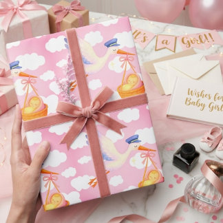 Stork Delivery Baby Girl Wrapping Paper Cute Pink