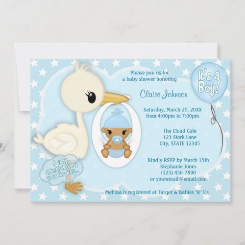 Stork Delivery baby shower invitation BOY BLUE 2C